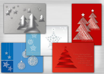 10er-Set Postkarten Weihnachten, blau, rot, silber, Baum, Stern, Kugel, 5 Motive