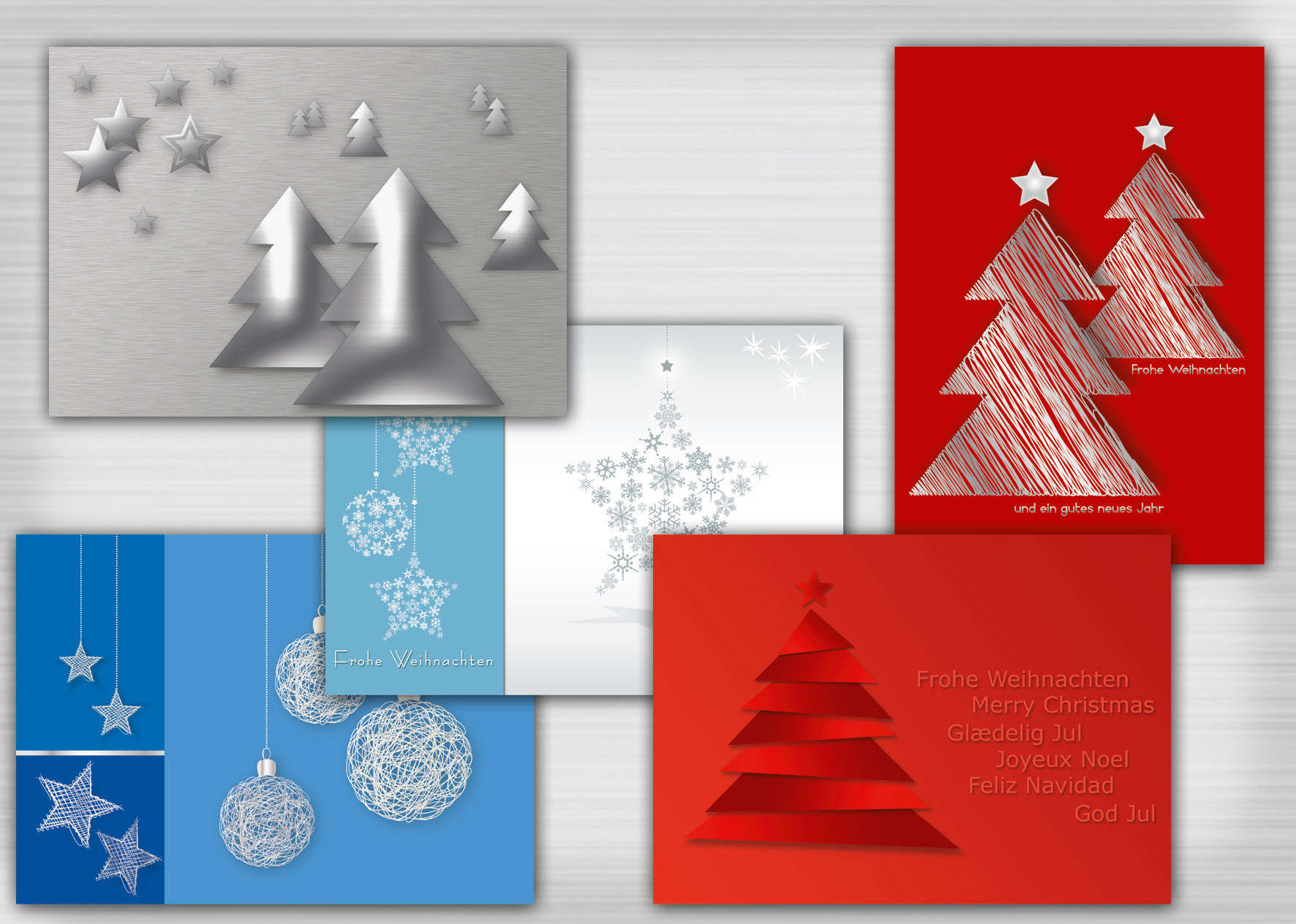 10er-Set Postkarten Weihnachten, blau, rot, silber, Baum, Stern, Kugel, 5 Motive